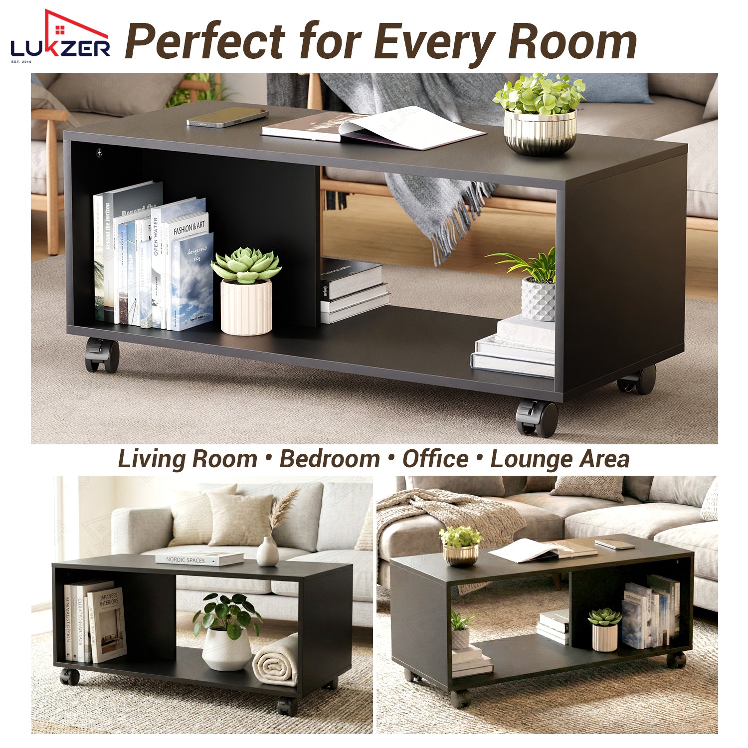 Lukzer Engineered Wood Center Table with Wheels Open Storage Desk (CT-003/Black)