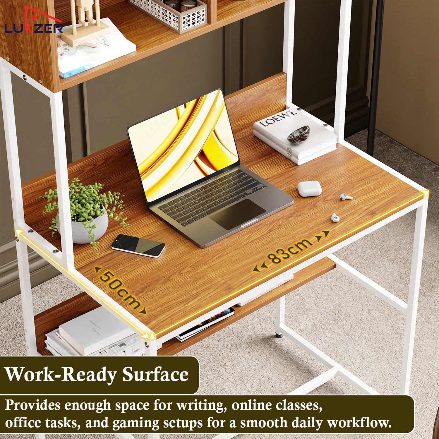 Lukzer Modern Study Table with Open Bookshelf & Hutch (MST-010/White & Oak Brown)