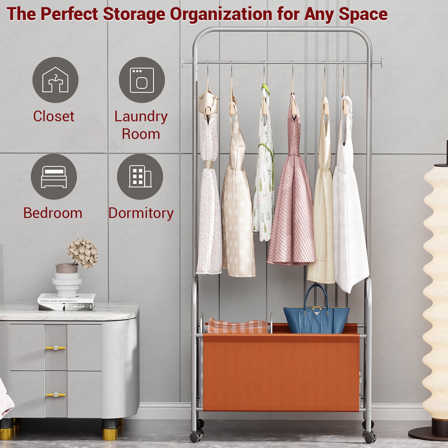Lukzer Metal Clothes Rail Stand with 4 Side Hooks &amp; 1-Tier Leather Storage Bin, 360° Rotating Wheels | Garment Rack Organizer for Bedroom, Closet, Dorm, Laundry | MGR-009 (171 x 75 x 35)