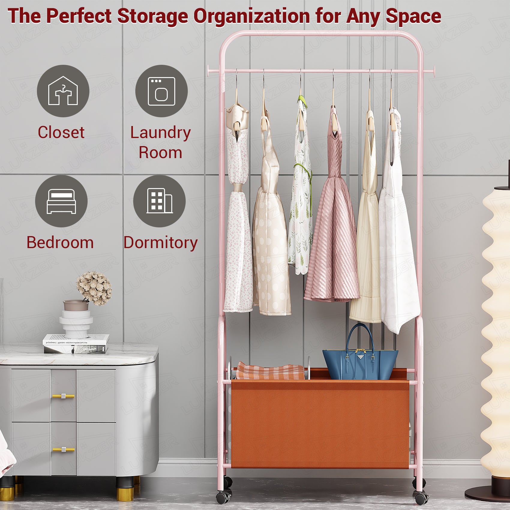 Lukzer Metal Clothes Rail Stand with 4 Side Hooks &amp; 1-Tier Leather Storage Bin, 360° Rotating Wheels | Garment Rack Organizer for Bedroom, Closet, Dorm, Laundry | MGR-009 (171 x 75 x 35)