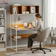 Lukzer Wooden & Metal Study Desk with 3 Storage Shelf & Open Bookshelf for Home (MST-011/White & Oak Brown)