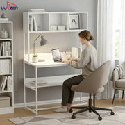 Lukzer Wooden & Metal Study Desk with 3 Storage Shelf & Open Bookshelf for Home (MST-011/White & White)