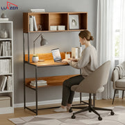 Lukzer Wooden & Metal Study Desk with 3 Storage Shelf & Open Bookshelf for Home (MST-011/Black & Oak Brown)