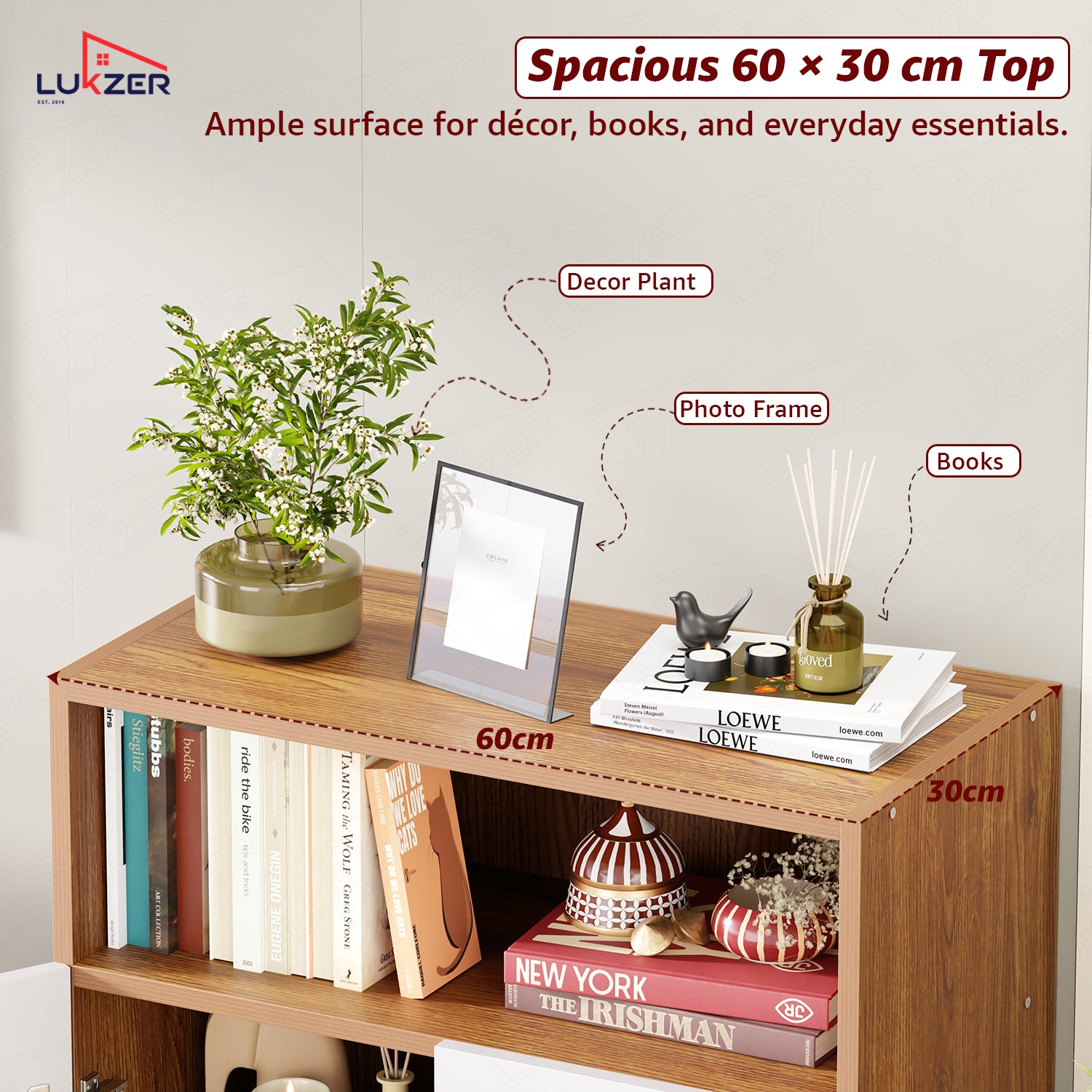 Lukzer Wooden Book Shelf & Storage Cabinet with White Doors (MR-034/Oak Brown)