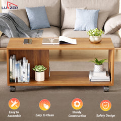 Lukzer Engineered Wood Center Table with Wheels Open Storage Desk (CT-003/Oak Brown)