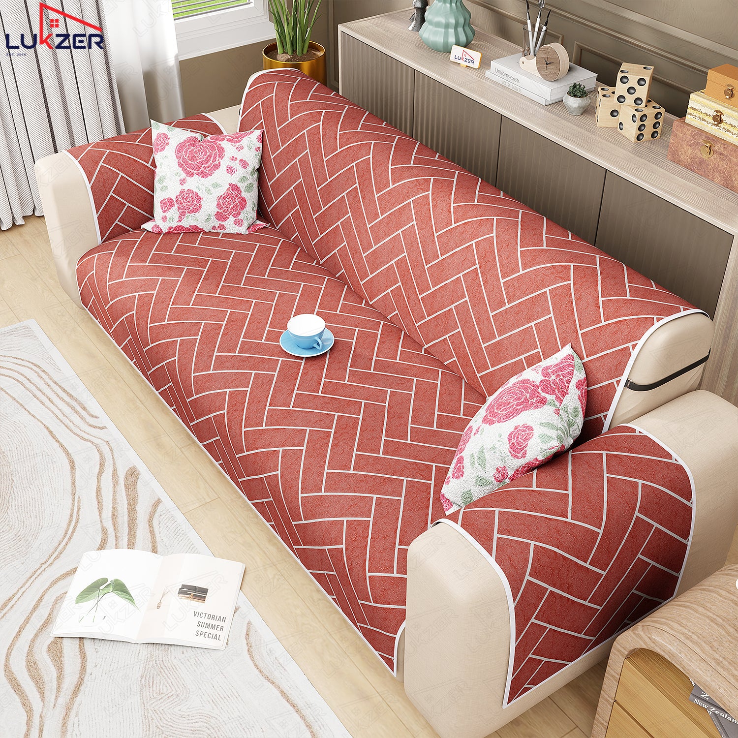 Lukzer Quilted Reversible Sofa Cover Mat with Arms | Polyester Blend 350 GSM Full Coverage &amp; Back Belt for Stability | Washable Furniture Protector.
