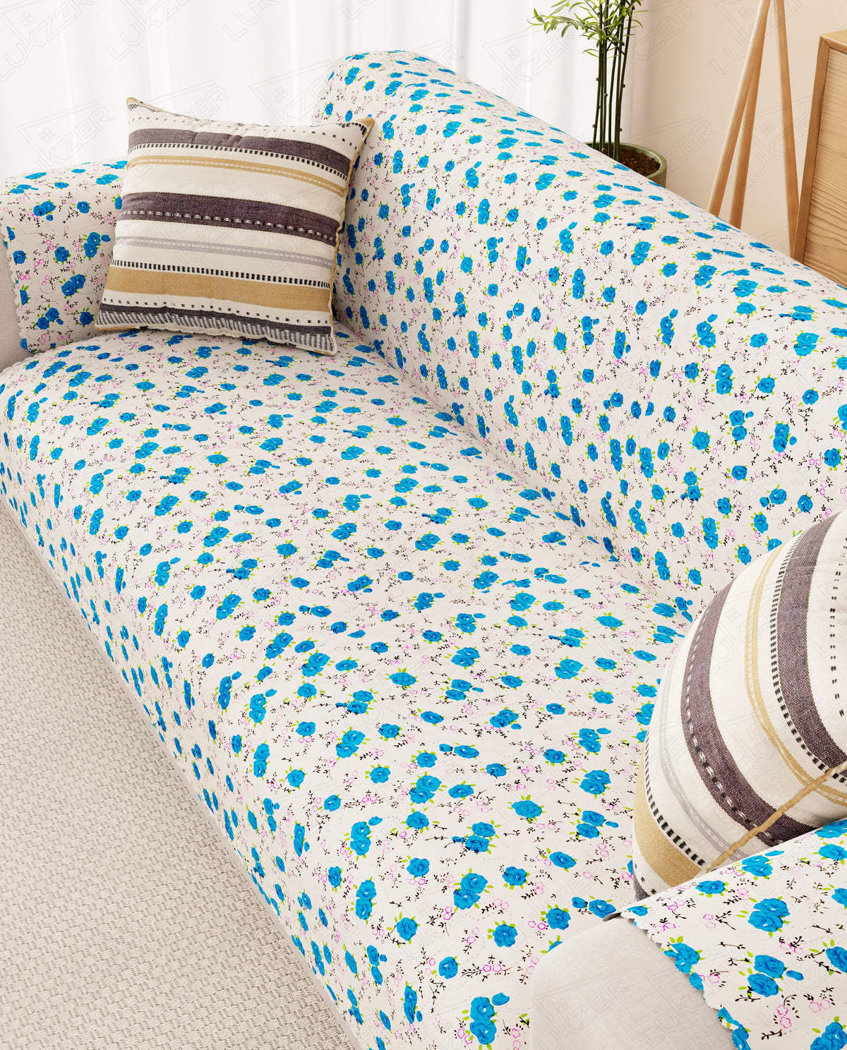 Lukzer Quilted Reversible Ikat Rose Sofa Mat with WaveEdge Ultrasonic Cut (WITH BACK & HAND REST) - SC-203-01WB