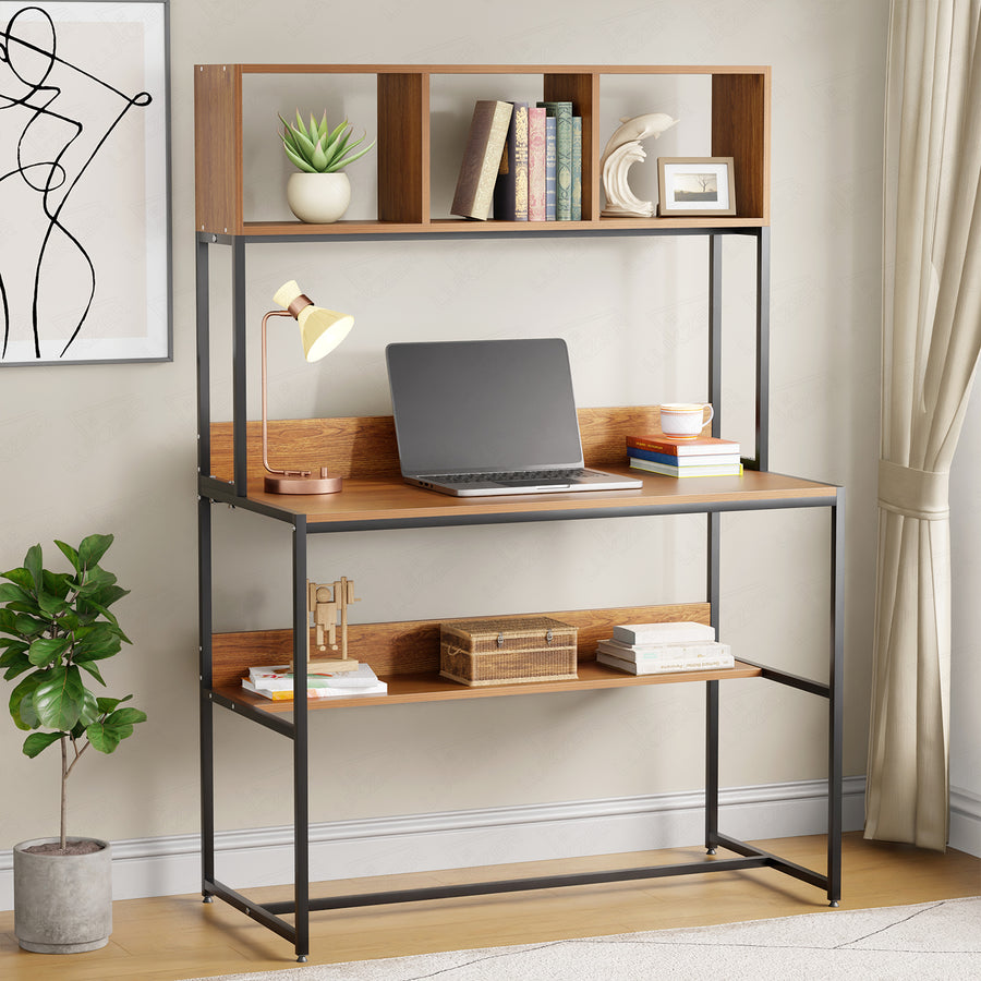 Lukzer Wooden & Metal Study Desk with 3 Storage Shelf & Open Bookshelf for Home (MST-011/Black & Black)