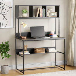 Lukzer Wooden & Metal Study Desk with 3 Storage Shelf & Open Bookshelf for Home (MST-011/Black & Black)
