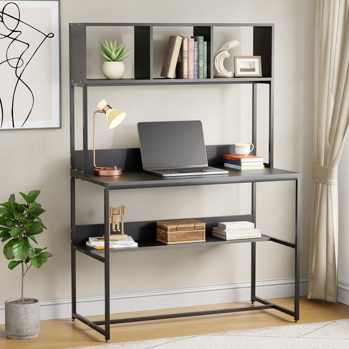 Lukzer Wooden & Metal Study Desk with 3 Storage Shelf & Open Bookshelf for Home (MST-011/Black & Black)