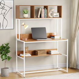 Lukzer Wooden & Metal Study Desk with 3 Storage Shelf & Open Bookshelf for Home (MST-011/White & Oak Brown)