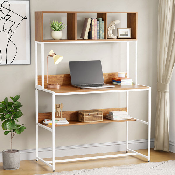 Lukzer Wooden & Metal Study Desk with 3 Storage Shelf & Open Bookshelf for Home (MST-011/White & Oak Brown)