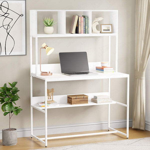 Lukzer Wooden & Metal Study Desk with 3 Storage Shelf & Open Bookshelf for Home (MST-011/White & White)