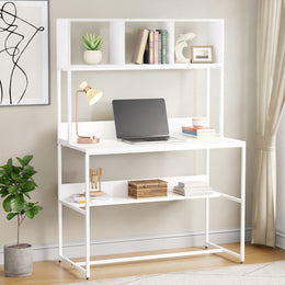 Lukzer Wooden & Metal Study Desk with 3 Storage Shelf & Open Bookshelf for Home (MST-011/White & White)