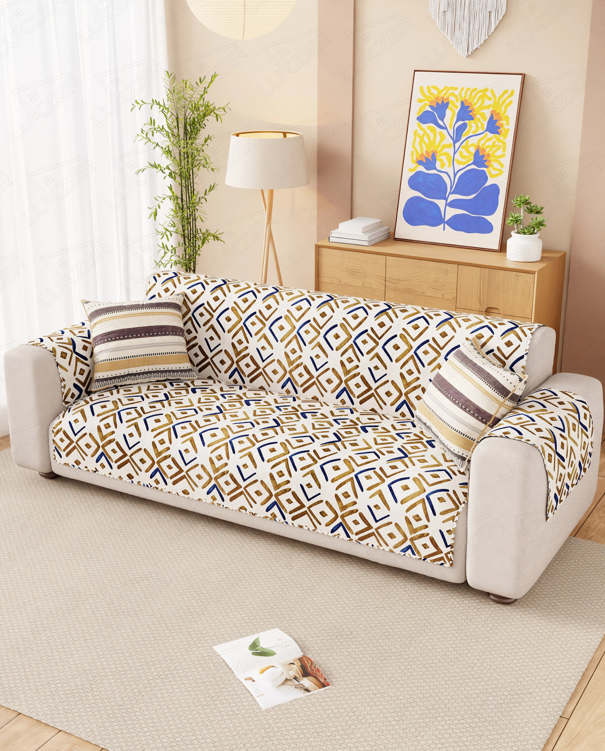 Lukzer Quilted Reversible Terra Bloom Sofa Mat with WaveEdge Ultrasonic Cut (WITH BACK & HAND REST) - SC-205-01WB