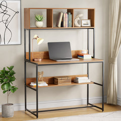 Lukzer Wooden & Metal Study Desk with 3 Storage Shelf & Open Bookshelf for Home (MST-011/Black & Oak Brown)