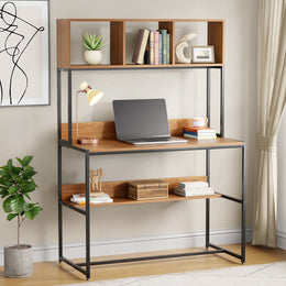 Lukzer Wooden & Metal Study Desk with 3 Storage Shelf & Open Bookshelf for Home (MST-011/Black & Oak Brown)