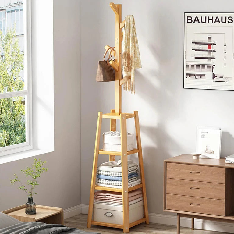Triangular 6 Branch Hook & 3 Layer Garment Rack | (Natural/171x30.5x30.5cms)