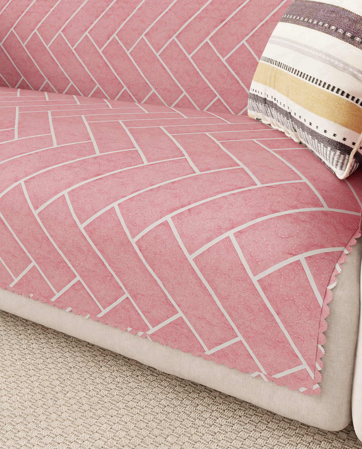 Lukzer Quilted Reversible Brick Bloom Sofa Mat with WaveEdge Ultrasonic Cut (WITH BACK & HAND REST) - SC-201-01WB