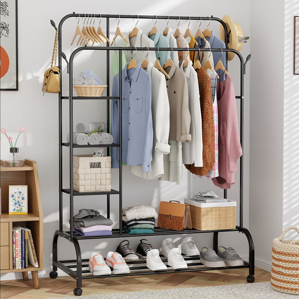 Lukzer Metal Garment Stand with 6 Shelves & Double Rods with Side Hooks & Wheels (MGS-008)