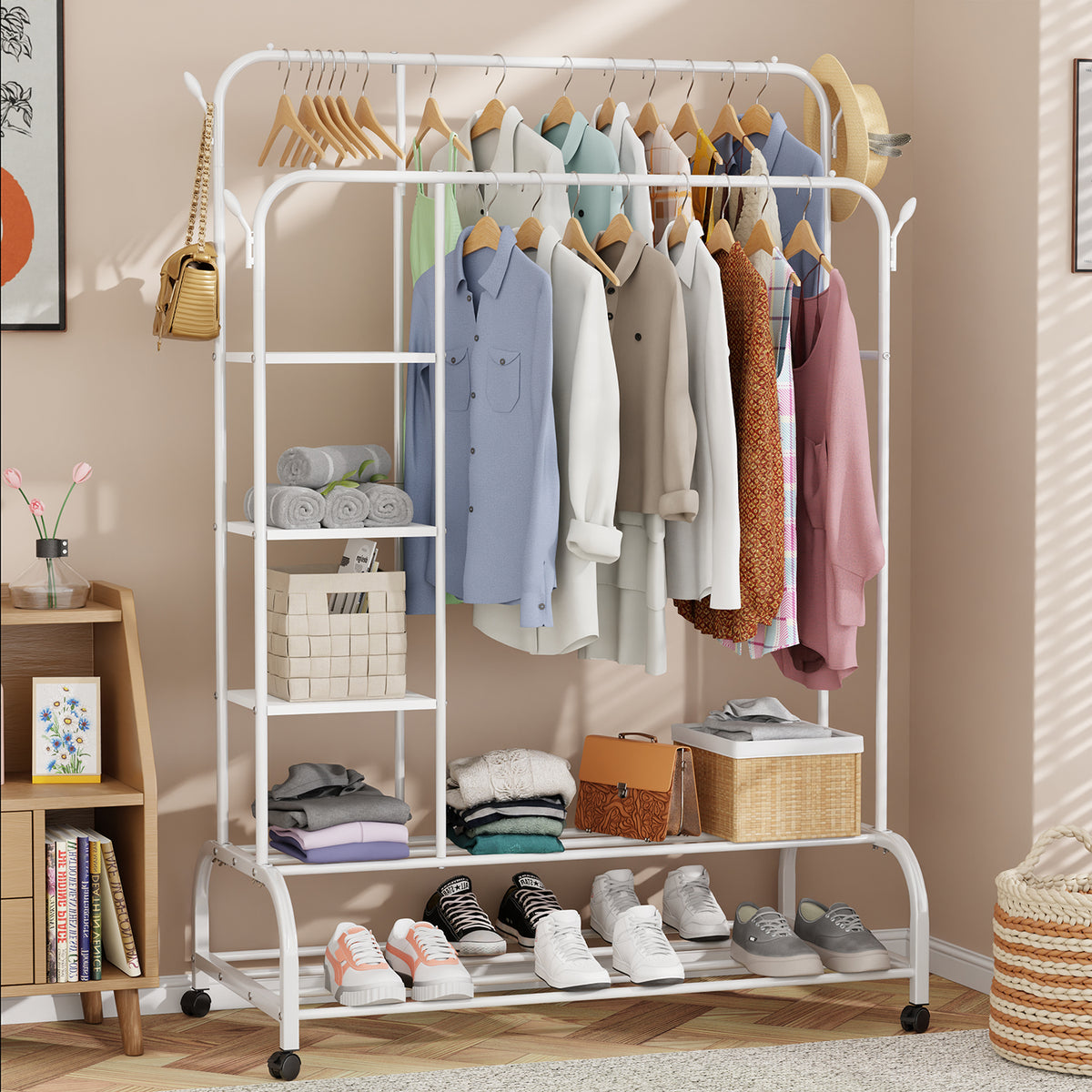 Lukzer Metal Garment Stand with 6 Shelves & Double Rods with Side Hooks & Wheels (MGS-008)