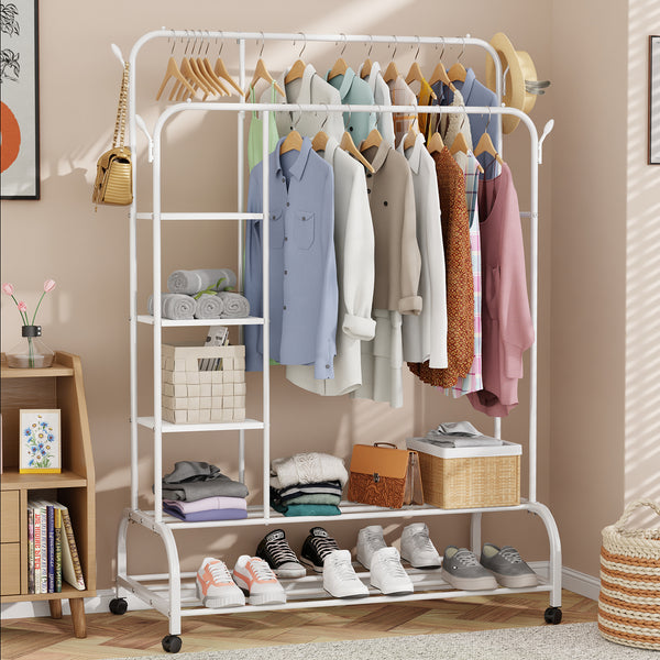 Lukzer Metal Garment Stand with 6 Shelves & Double Rods with Side Hooks & Wheels (MGS-008)