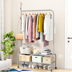 Lukzer Metal Garment Rack with Wheels & Double Bottom Storage Shelves (MGR-006/Grey)