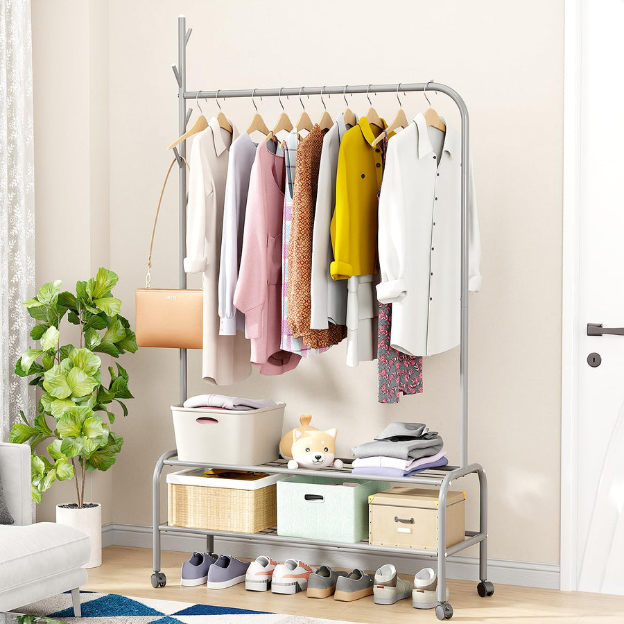 Lukzer Metal Garment Rack with Wheels & Double Bottom Storage Shelves (MGR-006/Grey)