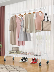 Lukzer Multi-Functional Cloth Rack Stand with Bottom Shelves & Wheels – Cat Ear Design (148x120x38cm, Black/Gold/White)