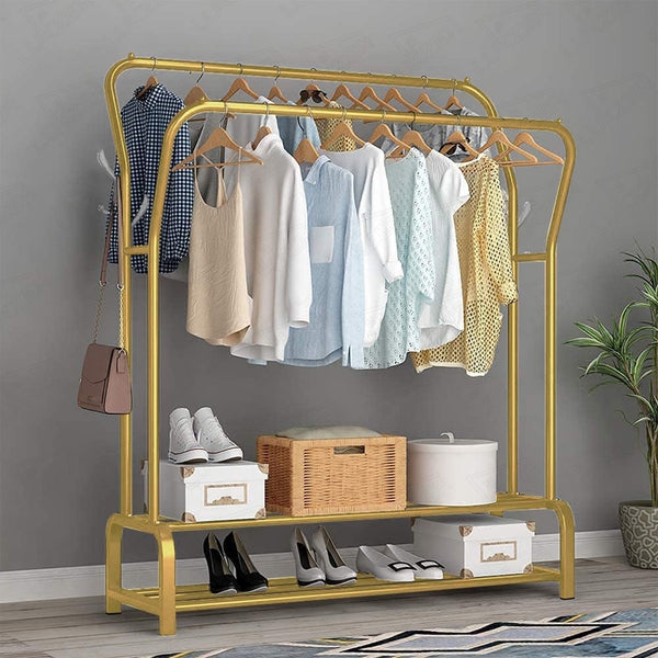 Lukzer Metal Cloth Stand with 2 Hanging Rods & Dual Storage Shelves (MGS-003/Gold)