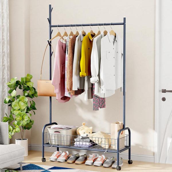 Lukzer Heavy-Duty Portable Metal Clothes Rack with Single Rod & Bottom Shelf (MGR-001/Deep Sea)