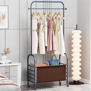 Lukzer Metal Clothes Rail Stand with Leather Storage Bin & Wheels (MGR-009/Deep Sea)