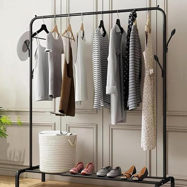 Lukzer Freestanding Metal Cloth Stand with Storage Shelf (MGS-001/Black)