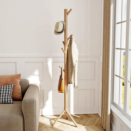 Bamboo Freestanding Multifunctional 8 Hook Coat Hanger