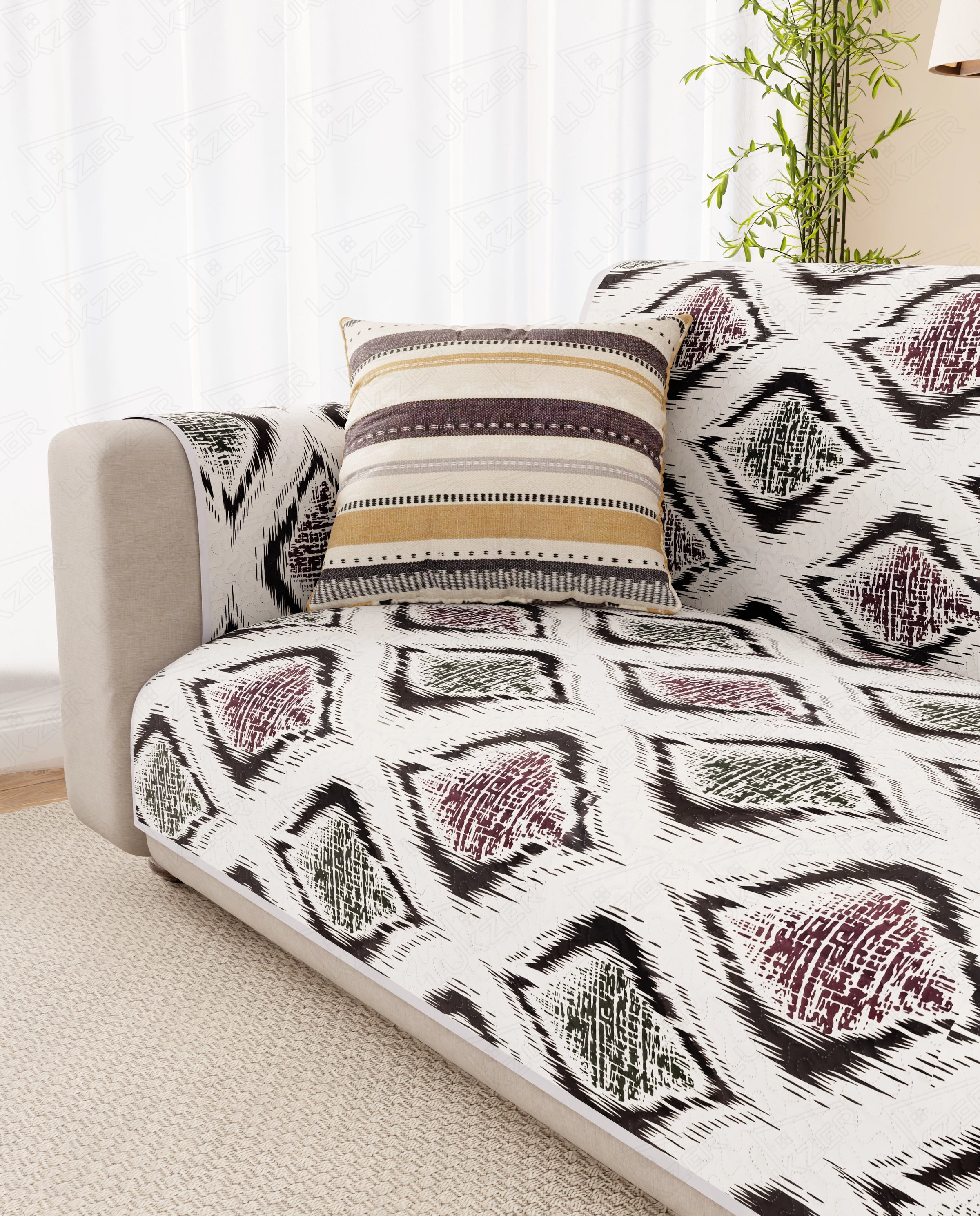Lukzer Reversible Quilted Sofa Mat with Arms Ikat Rose (SC-203-01)