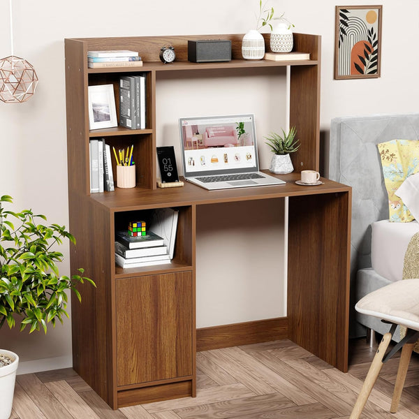 Lukzer Engineered Wood Office Desk & Study Table with Bookshelf & Cabinet (ST-009/Oak Brown)