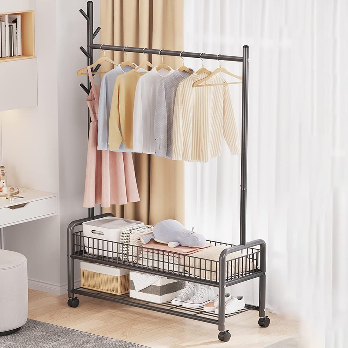 Lukzer Metal Single Rod Clothes Hanging Stand with Double Shelf & Lockable Wheels (MGR-004/Black)