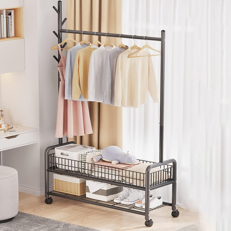 Lukzer Metal Single Rod Clothes Hanging Stand with Double Shelf & Lockable Wheels (MGR-004/Black)