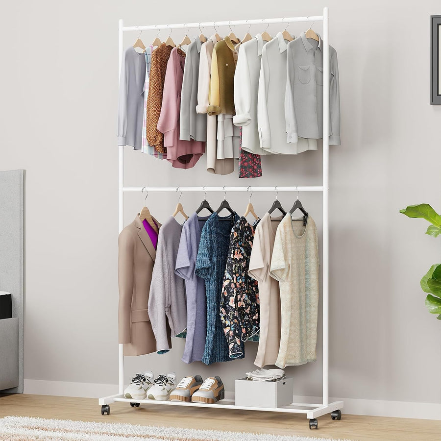 Lukzer Metal Double Rod Cloth Stand with Bottom Shelf & Wheels (MGS-006/White)