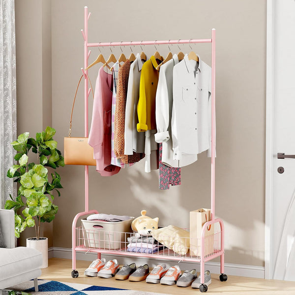 Lukzer Heavy-Duty Portable Metal Clothes Rack with Single Rod & Bottom Shelf (MGR-001/Pink)