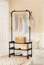 Lukzer Metal Garment Stand with 2 & 3 Bottom Shelves – Durable Clothing Organizer (Black/White)