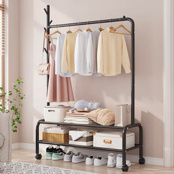 Lukzer Single Pole Portable Metal Garment Rack with 2 Bottom Shelves (MGR-008/Black)