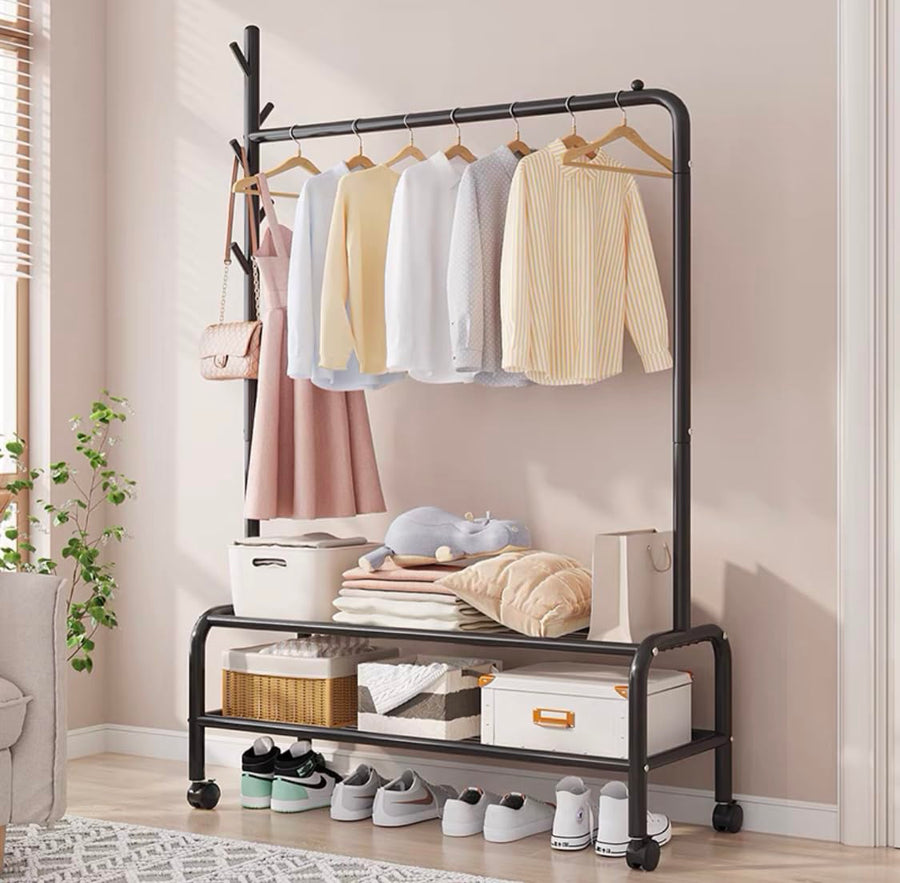 Lukzer Single Pole Portable Metal Garment Rack with 2 Bottom Shelves (MGR-008/Black)
