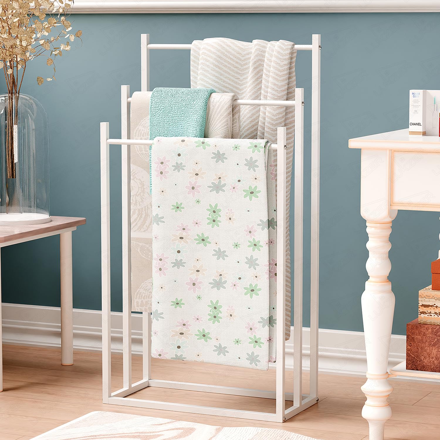Lukzer Freestanding Sturdy Metal 3-Bar Towel Hanging Stand (MGS-007/White)