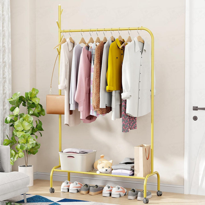 Lukzer Metal Garment Rack with Wheels & 1 Bottom Storage Shelf (MGR-005/Gold)