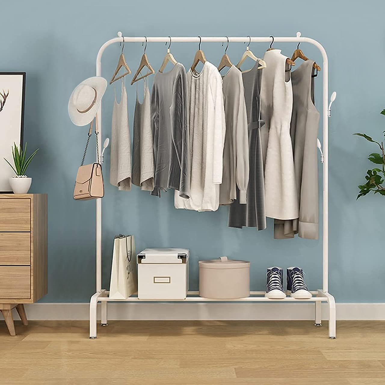 Lukzer Freestanding Metal Cloth Stand with Storage Shelf (MGS-001/White)