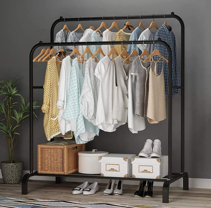 Lukzer Heavy-Duty Garment Rack – Double Rod, Bottom Shelf, Black Finish