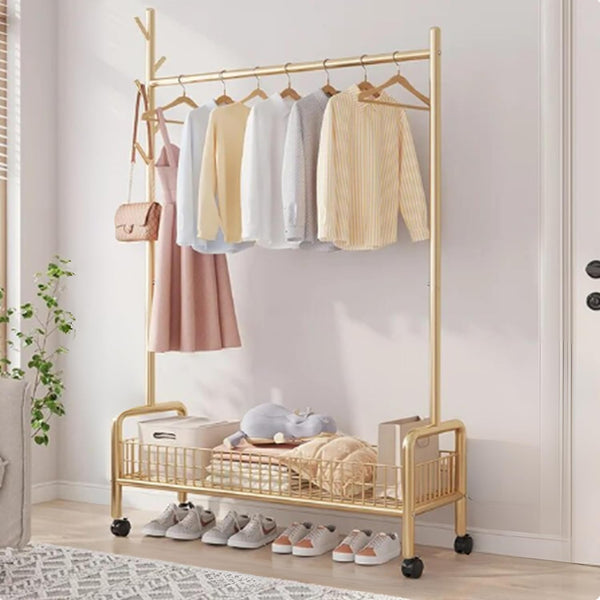 Lukzer Heavy-Duty Portable Metal Clothes Rack with Single Rod & Bottom Shelf (MGR-001/Gold)