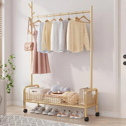 Lukzer Heavy-Duty Portable Metal Clothes Rack with Single Rod & Bottom Shelf (MGR-001/Gold)