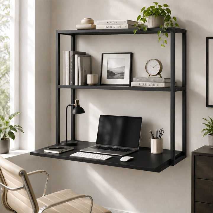Lukzer Wall Mounted Study Table with Multipurpose Storage Shelves (MMR-007/Black & Black)